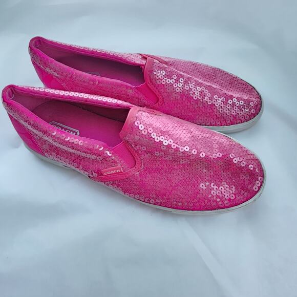 Coach Kivy Slip On Shoes resort Size 8.5 Pink Sequin C Signature Logo Loafers - Picture 3 of 10